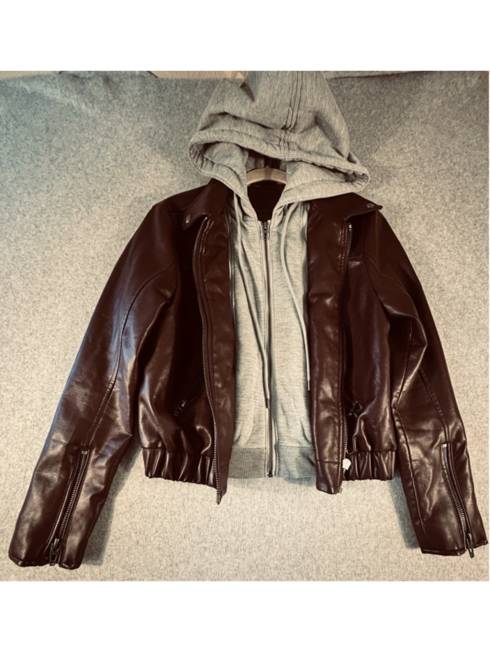 BLANKNYC Women’s S Brown Faux Leather Moto Jacket Removable Gray Hoodie Biker